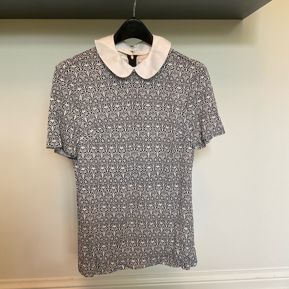 Tory Burch Navy and White Poplin Collar Shirt